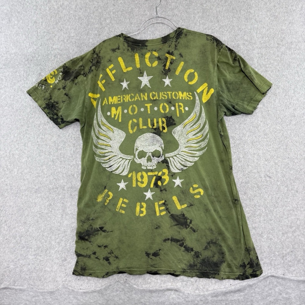 Affliction Reversible Green Black T-Shirt Mens XL USA Flag Y2K Skull Wings Goth